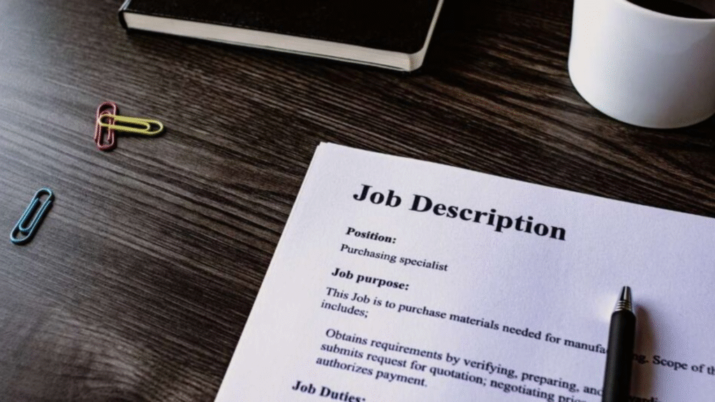 Job description document on a desk with paper clips, notebook, and a cup of coffee