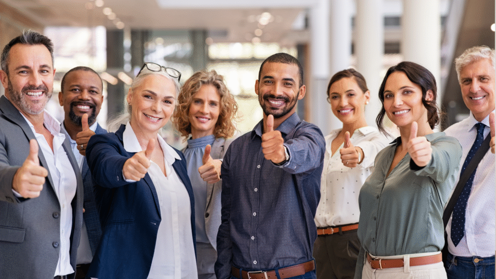 Diverse group of employees giving thumbs up in office setting