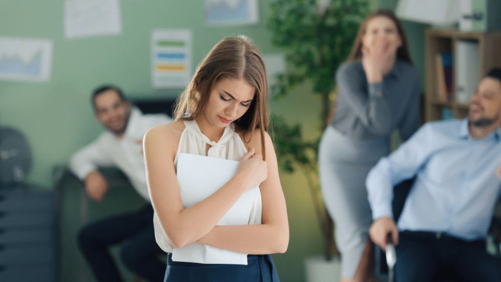 Upset female employee holding papers while coworkers in the background laugh in an office setting.